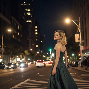 Lucy Hale, blonde hair, in a formal gown, standing on a busy city street at night.