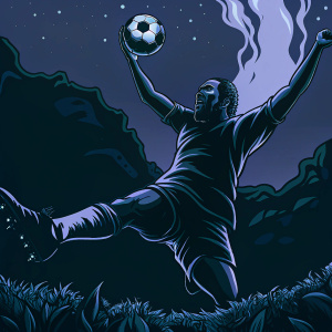 Romelu Lukaku, mid-action, jumping high towards a ball. Digital illustration, glowing background with fantasy elements.