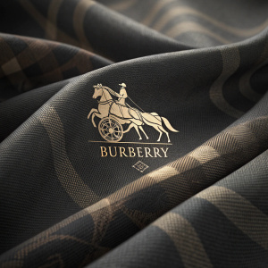 Close-up of Burberry fabric, showcasing the iconic horse and carriage logo. Dark background with subtle texture