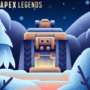 In-game screenshot from Apex Legends featuring a colossal, rusted machinery amidst a frigid, mountainous terrain. Snow-covered cliffs and boulders, along with the Apex Legends logo and UI elements are visible.