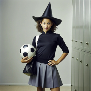 teen witch hat black sport jersey skirt in sports locker carrying a soccer ball under her arm