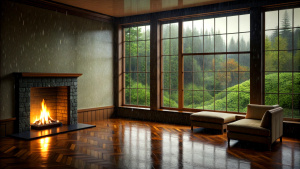 A quiet room with rain and a fireplace