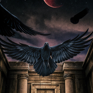 Album art for 'Aether Realm'. Dark fantasy scene. Majestic eagle with large wings in motion. Dark textured backdrop with ominous red celestial body. Dominated by shades of purple and red. Stylized with fantasy aesthetic.