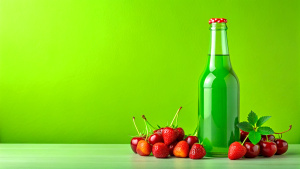 Tropical soft drink bottle concept design. green color scheme theme design, some cut cherries and strawberries next to the bottle, lighting, cinematic, solid, realistic