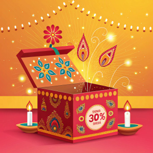 Snapdeal's Diwali sale ad. A gift box opens to reveal discounts. Brightly colored background with bokeh effect.