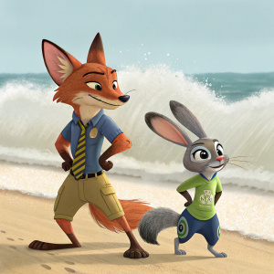 Nick Wilde and Judy Hopps from 'Zootopia', posing dramatically. Sandy beach background with crashing waves.