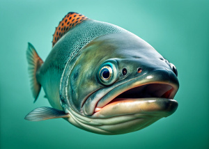 salmon, full-face, white background