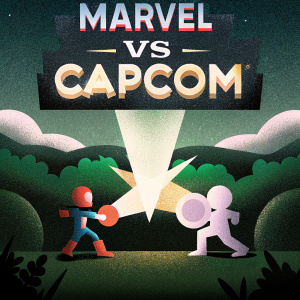 A vibrant promotional poster for Marvel vs Capcom crossover game featuring Marvel Comics logo at top and dynamic characters in action-packed scene