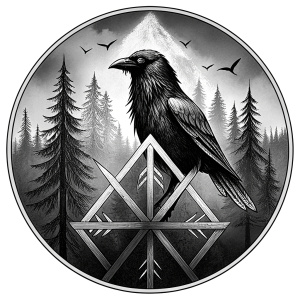 vegvisir runes geometric Yggdrasil Symbol - raven and trees - perfect realistic art, high-definition, high-definition grey and black, white background 