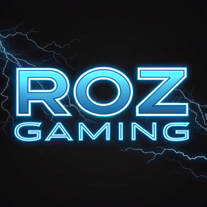 Digital artwork of 'ROZ GAMING' logo. Blue neon letters forming lightning bolts on black background