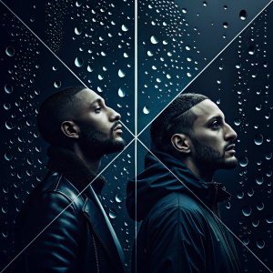 Marracash and RKOMI's collaborative album artwork. Abstract design with water droplets on a glass pane effect. Dark hues of black and blue. Modern and sleek style.