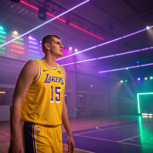 Nikola Jokic, wearing a Lakers jersey with the number 15, standing in a vibrant, neon-lit gymnasium.