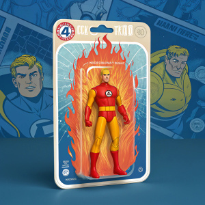 Packaging design for a Fantastic Four action figure. Plastic window revealing Human Torch in dynamic pose. Bright colors and detailed illustrations featuring the iconic superhero.