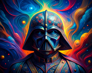 imagina el casco de dart vader con estilo de pinturas de Vincent Van Ggogh, con pinceladas fuertres y gruesas y colores vibrantes dentro de un fondo oscuros con algunas naves del imperio en tonos neon