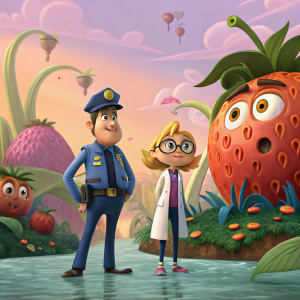 In the animated world of Cloudy with a Chance of Meatballs 2, the main characters - a robust police officer, a young girl with golden locks, and a bespectacled scientist in a lab coat - stand amidst a vivid backdrop. The setting is brimming with vibrant, oversized fruits and vegetables turned into whimsical creatures. The scene is a blend of warm and cool hues, set against a backdrop of lush, colorful plants and bubbling water.