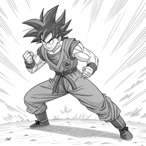 Hand-drawn manga panel featuring Goku from Dragon Ball series. Goku in fighting stance, with iconic spiky hair. Detailed lines and shapes illustrate intense battle preparation.
