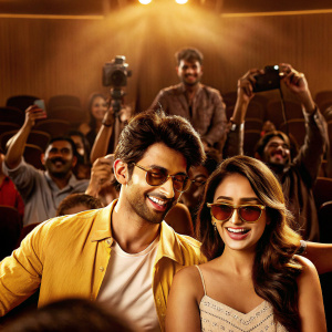Himansh Kohli and Zoya Afroz at a bustling film festival. They are both grinning widely amidst a crowd of photographers and fans.