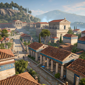 3D rendering of ancient Greek village from Assassin's Creed Odyssey. Dense cluster of buildings with terracotta roofs and blue details. Virtual world