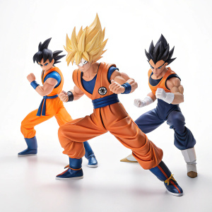Group photo of Dragon Ball Z characters. Goku, Vegeta, Gohan, and others, all in classic poses, against a bright white backdrop.