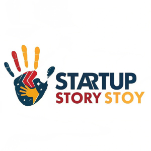 The Startup Story podcast logo. Designed with a stylized handprint in bold colors.