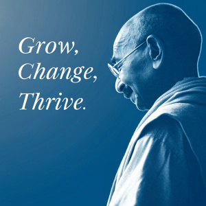 Clean, minimalist image of Mahatma Gandhi. Blue background, subtle focus on Gandhi's silhouette. Inspiring text overlay: 'Grow, Change, Thrive'.
