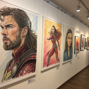 Colored pencil drawings of various characters. Dynamic poses and expressions. Male and female faces. One female in a fierce fighting stance. Artwork displayed on a gallery wall.