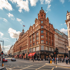 Bustling Oxford Street in London, a prominent Burberry store with classic architecture. Rich reddish-brown facade, ornate details. Pedestrians, vehicles, clear blue sky with scattered clouds.