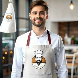 crea delantal de tela sencillo con diseño estampado de logo de restaurante de un chef
