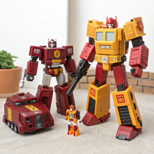 A vibrant image showcasing Transformers Generations Combiner Wars Collection Pack. The toys, in hues of red, maroon, orange, and yellow, are positioned in an energetic and engaging layout, highlighting their intricate designs.
