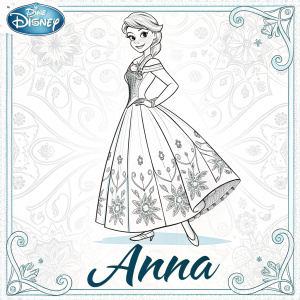 Coloring page featuring Anna from Disney's Frozen. Anna in elegant princess attire, flat cartoon-like style with clear lines, Disney logo top, ornate border