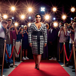 Demi Lovato, wearing a bold black and white checkered dress. Attending a star-studded awards show. Crowds and flashing cameras in the background