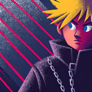 Digital illustration of Akira Udou from Air Gear. Focused expression, blonde spiky hair. Dark outfit with high collar and chain. Striped background. Anime style with sharp lines and limited color palette.