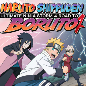 Video game cover for Naruto Shippuden: Ultimate Ninja Storm 4: Road to Boruto. Vibrant scene with Naruto, Sasuke, Sakura, Boruto, and Sarada in dynamic poses. Japanese text on top, English below.