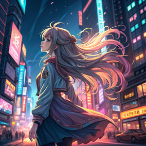 Illustration of Moe Gijinka character with flowing hair. Dynamic pose, colorful urban cityscape background.