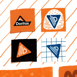 Variety of Doritos logos displayed. Original logo with bold brand name alongside modern, abstract geometric designs. Digital marketing campaign