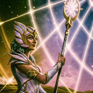 Luxanna from League of Legends in a vibrant digital art piece. Wields a staff with glowing runes. Rich hues of blue, gold, and purple set against a cosmic backdrop of swirling lights and celestial dust.