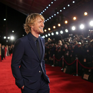 Owen Wilson, dressed in a navy suit with a cheerful grin. Attending a glitzy awards show. Crowded venue with spotlights