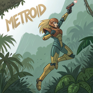 Samus Aran, the Super Metroid protagonist, in futuristic armor, leaping amidst dense jungle foliage. Dynamic pose with 'METROID' text floating in the background.