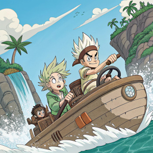 The cover of Dr. Stone comic series. Richiro Inagaki's narrative and Boichi's artistry shine in a vibrant scene. Characters in a boat-like vehicle, surrounded by dynamic action.
