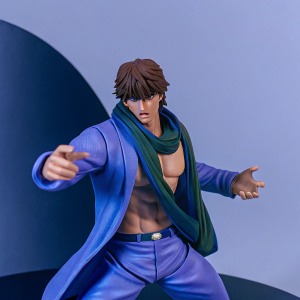 3D model of a character from JoJo's Bizarre Adventure, dynamic stance, muscular build, brown hair, green scarf. Gray backdrop