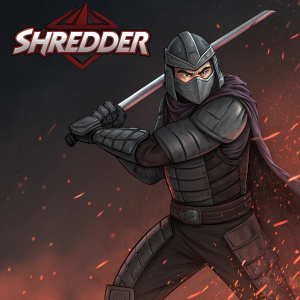 Shredder, from TMNT, in a combat pose. Wears dark grey armor. Fiery, dark background with red logo. High contrast, detailed art style.
