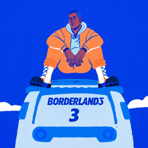 Illustration of Borderlands 3 character. Sitting on a vehicle. Game logo prominently displayed on special base.