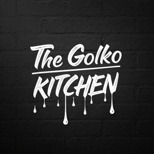 The Golko Kitchen logo, a sleek and modern design featuring bold, dripping lettering. Black and white color scheme with stark white drips adding contrast on a dark backdrop.