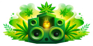 graffiti mexican hill iztapalapa sound system speaker reggae music with cannabis leaves around it, protest of people