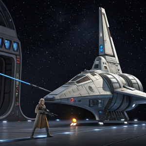 Star Wars universe scene featuring Jango Fett's shuttle. Futuristic design, intricate details. Obi-Wan Kenobi stands ready, trigger in hand.
