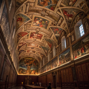 Immaculate interior of the Sistine Chapel. Vaulted ceiling with Michelangelo's frescoes. Rich red and gold hues. Dim lighting casting dramatic shadows.