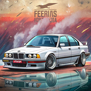 Un BMW E34 tuneado blanco al piso y que tenga el nombre de la cuenta FIERROS OBERÁ y un fondo tranquilo atras