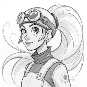 Sketch of Entrapta from She-Ra. Loose line art. Black and white