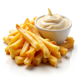 French fries dipped in cheese and mayonnaise against white limbo bg