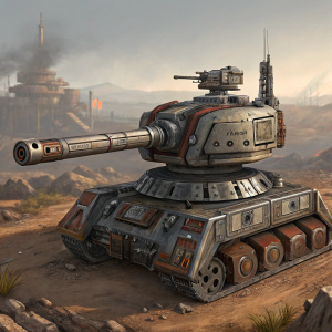 Goliath Turret from Borderlands 3, metallic, rugged, and imposing. Gray and brown hues